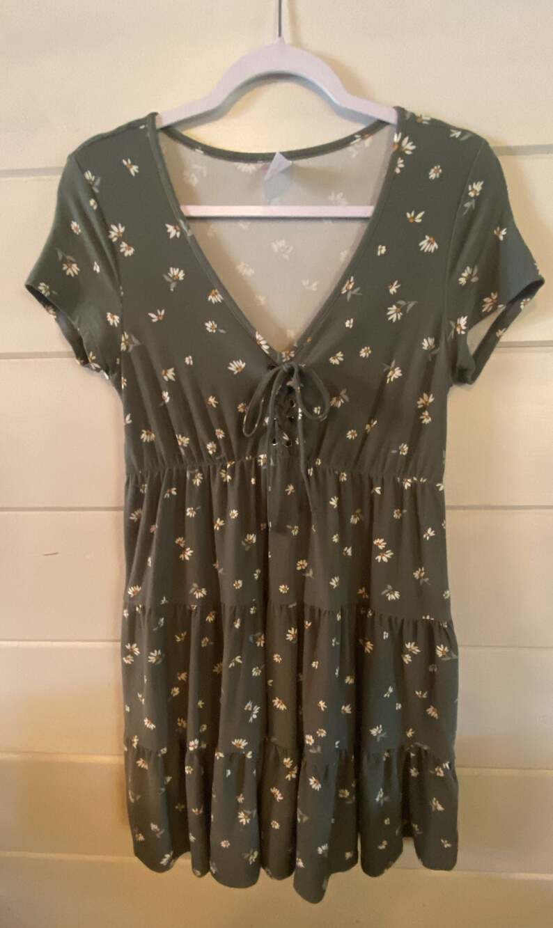 No Boundaries Green Floral Tiered Babydoll Dress with Lace-Up V-Neck